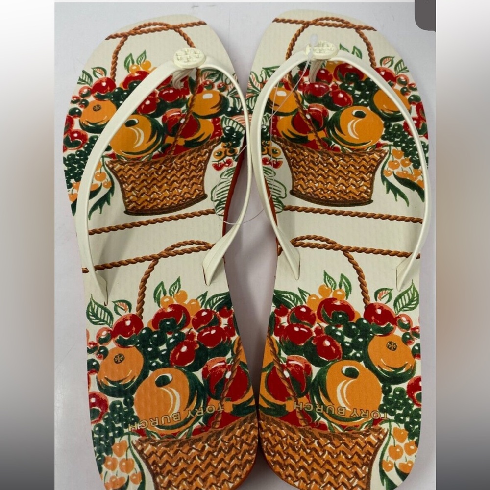 Tory Burch Flat Flip Flop Orange Fruit Pattern